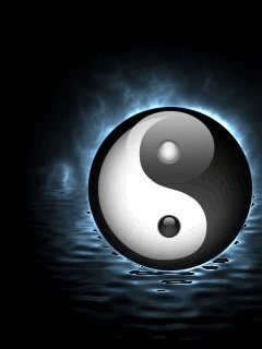 Animated glowing yin-yang reflected on dark water