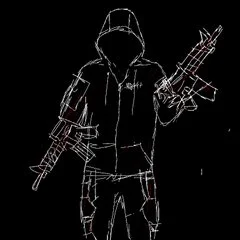 White line drawing of a hooded figure holding a rifle against a black background