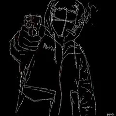 Close-up line drawing of a hooded figure aiming a handgun