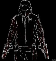 Hooded figure with two handguns, drawn in white with red accents