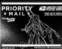 Character drawing over a black-and-white Priority Mail label