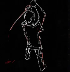 White and red line drawing of a twisting figure