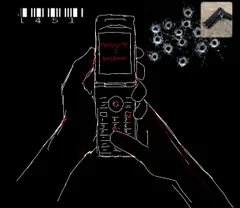 Graphic of a hand holding a flip phone with small collage elements