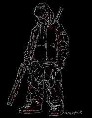 Standing hooded figure drawn with red and white lines
